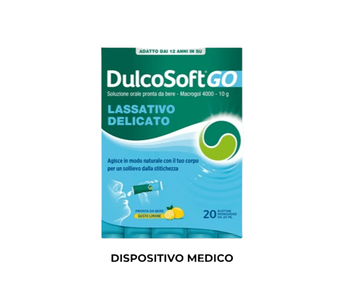 Confezione di DulcoSoft® GO Soluzione Orale pronta da bere, 20 stick monodose di lassativo delicato al gusto limone per combattere la stitichezza