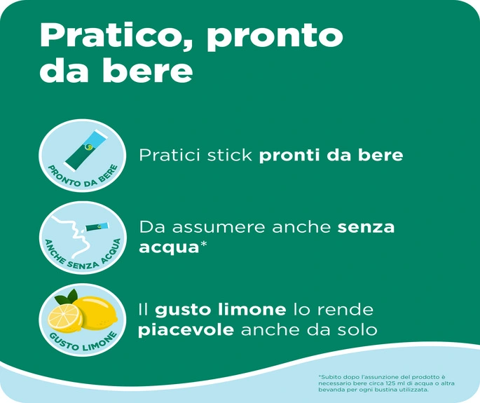 Caratteristiche del prodotto: pratico stick, pronto da bere, assunzione anche senza acqua, al piacevole gusto di limone
