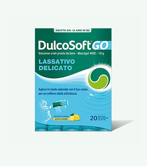 Confezione di DulcoSoft® GO Soluzione Orale pronta da bere, 20 stick monodose di lassativo delicato al gusto limone per combattere la stitichezza